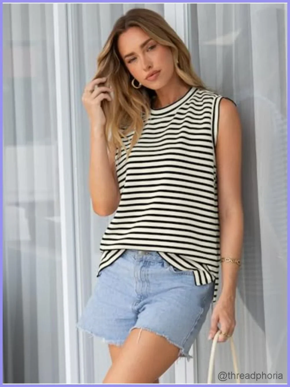Women's Striped High Neck Sleeveless Tank Top Casual Loose Fit Summer Basic Tee